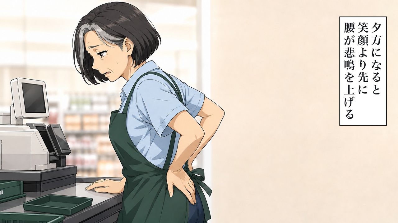 夕方になると、笑顔より先に、腰が悲鳴を上げる。