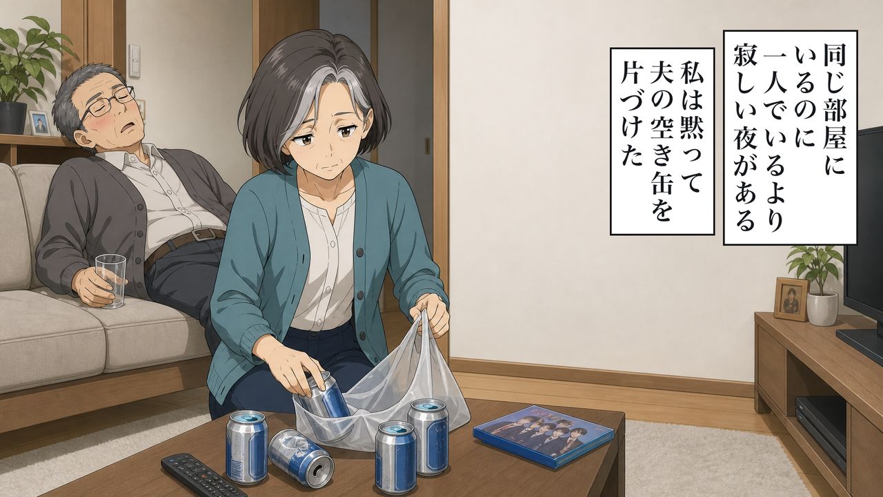 同じ部屋にいるのに、一人でいるより寂しい夜がある。私は黙って、夫の空き缶を片づけた。