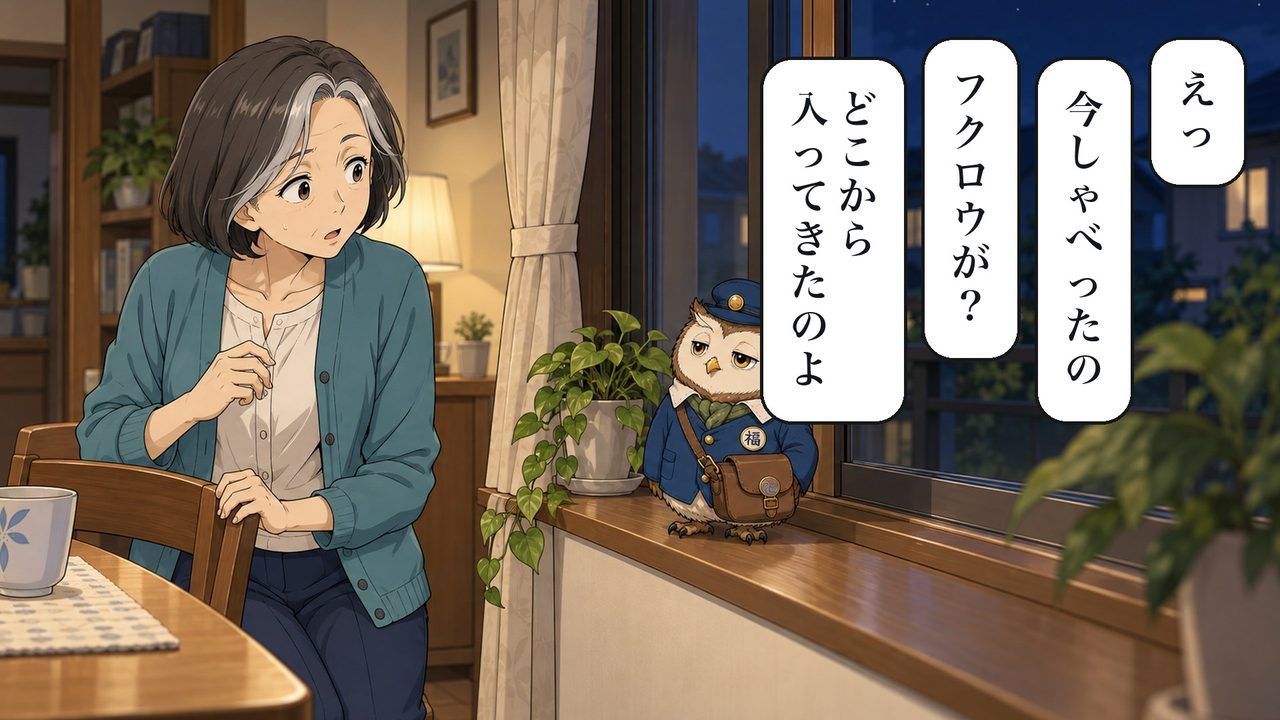 春子「えっ。今しゃべったの。フクロウが?どこから入ってきたのよ」
