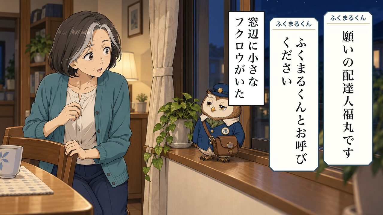 ふくまるくん「願いの配達人、福丸です。ふくまるくん、とお呼びください」 窓辺に、小さなフクロウがいた。