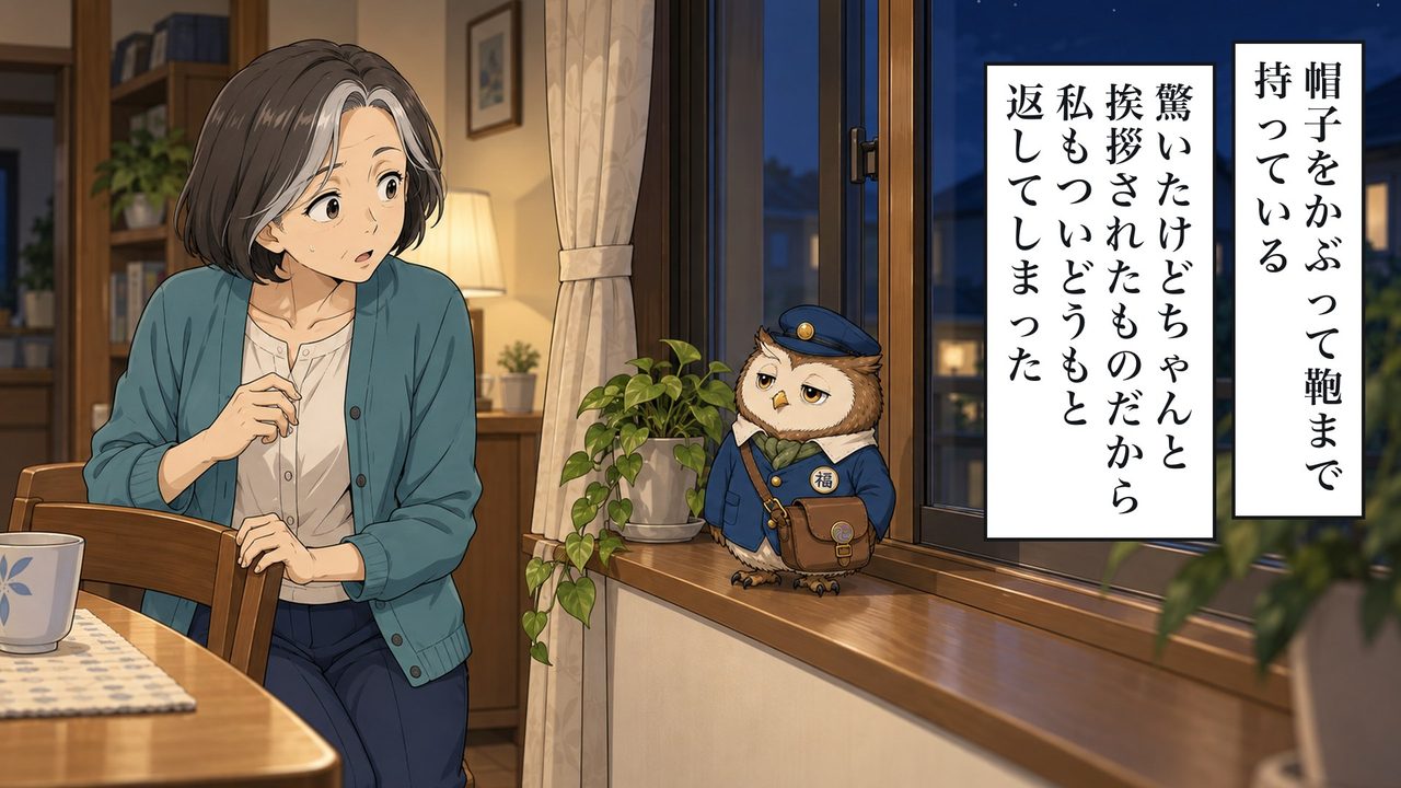 帽子をかぶって、鞄まで持っている。驚いたけど、ちゃんと挨拶されたものだから、私もつい、どうもと返してしまった。