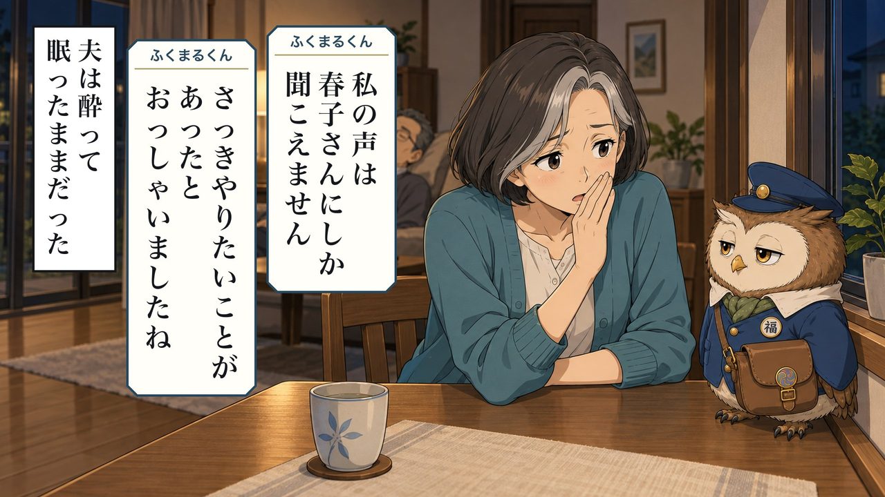 ふくまるくん「私の声は春子さんにしか聞こえません。さっき、やりたいことがあったとおっしゃいましたね」 夫は酔って眠ったままだった。