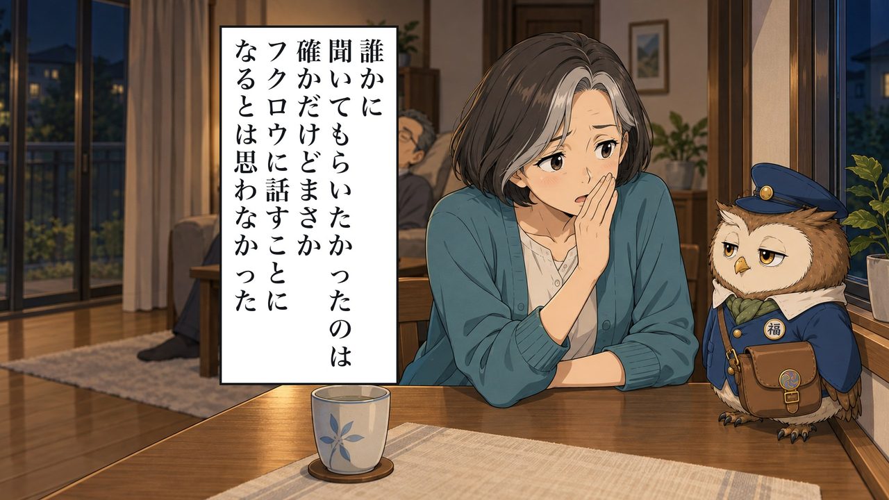 誰かに聞いてもらいたかったのは確かだけど、まさかフクロウに話すことになるとは思わなかった。