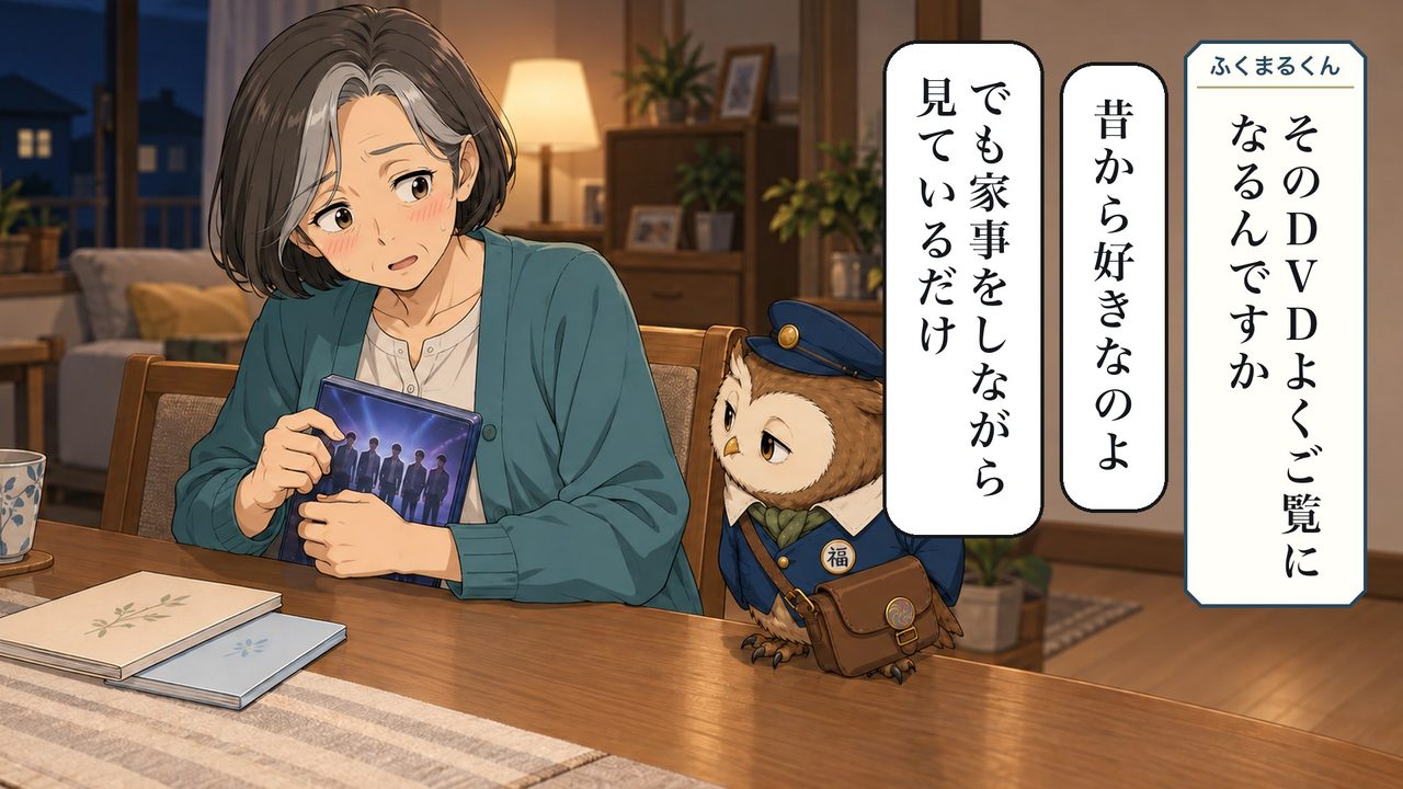 ふくまるくん「そのDVD、よくご覧になるんですか」 春子「昔から好きなのよ。でも、家事をしながら見ているだけ」