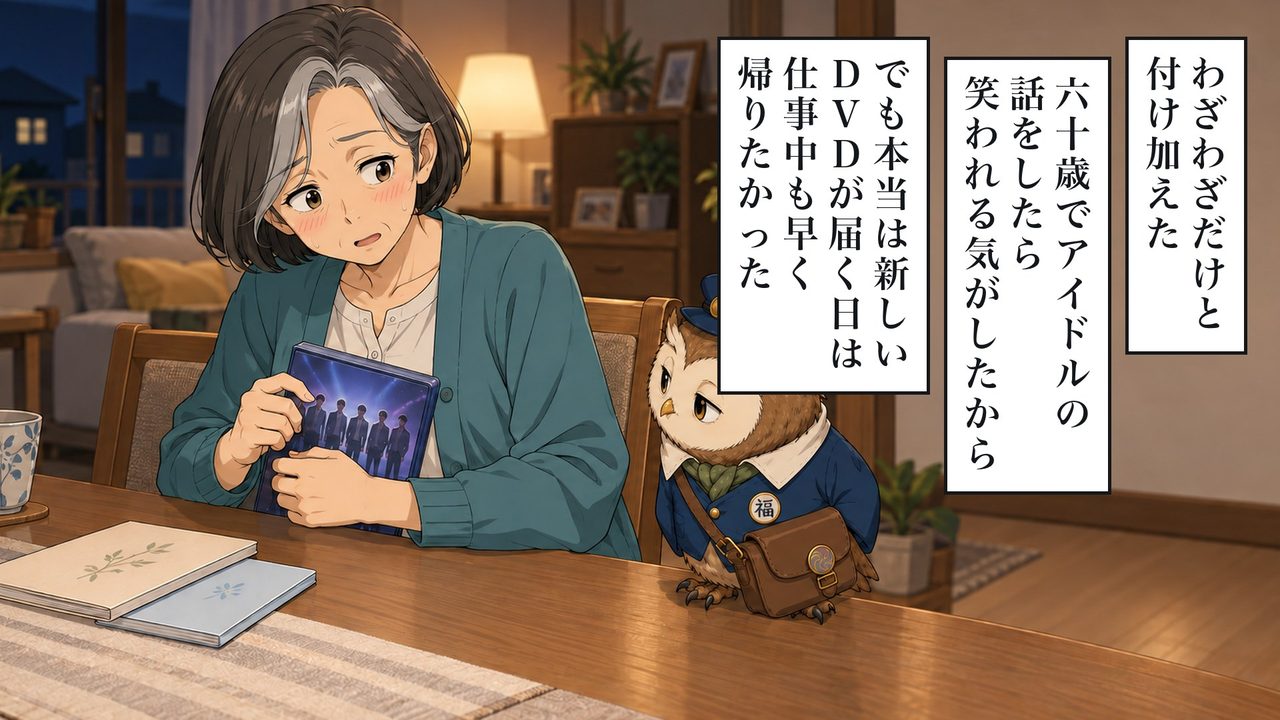 わざわざ、だけ、と付け加えた。六十歳でアイドルの話をしたら、笑われる気がしたから。でも本当は、新しいDVDが届く日は、仕事中も早く帰りたかった。