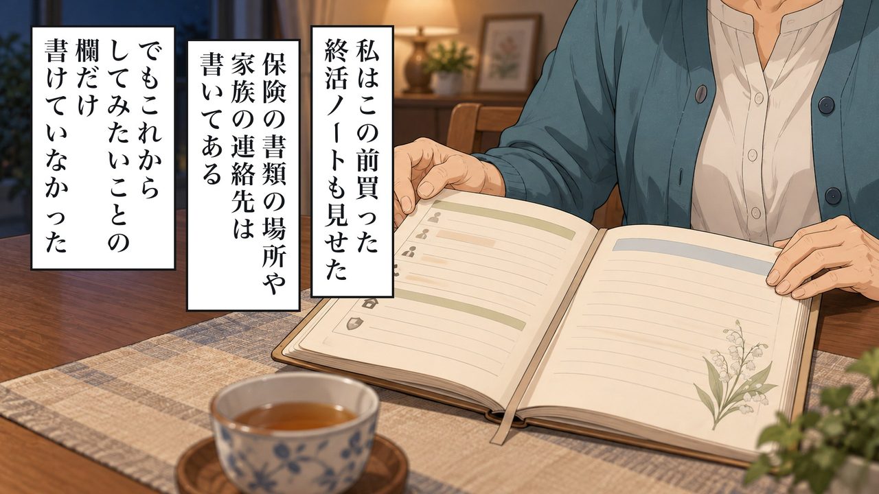 私は、この前買った終活ノートも見せた。保険の書類の場所や、家族の連絡先は書いてある。でも、これからしてみたいことの欄だけ、書けていなかった。