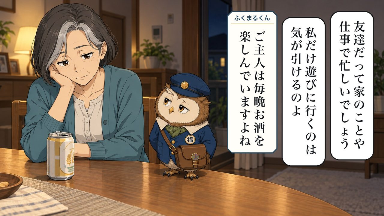 春子「友達だって、家のことや仕事で忙しいでしょう。私だけ遊びに行くのは、気が引けるのよ」 ふくまるくん「ご主人は毎晩、お酒を楽しんでいますよね」