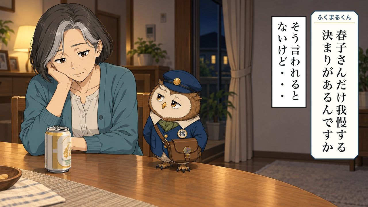 ふくまるくん「春子さんだけ我慢する決まりが、あるんですか」 そう言われるとないけど・・・。