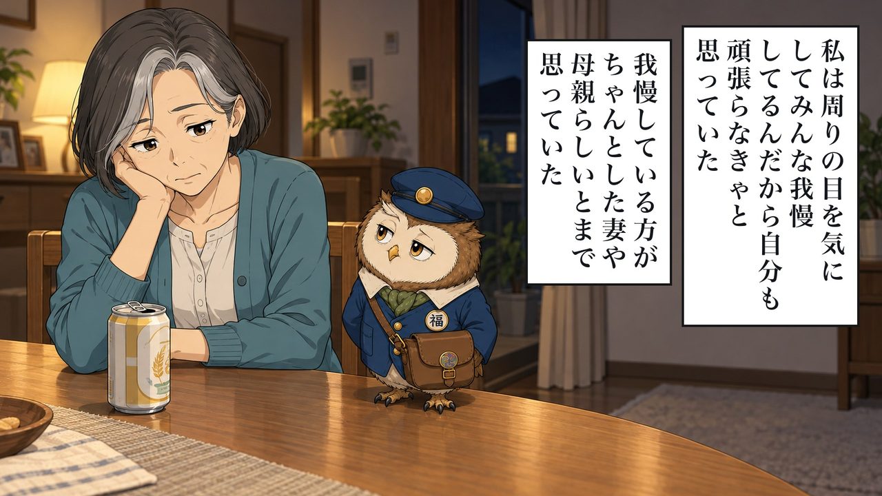 私は周りの目を気にして、みんな我慢してるんだから自分も頑張らなきゃ、と思っていた。我慢している方が、ちゃんとした妻や母親らしいとまで思っていた。