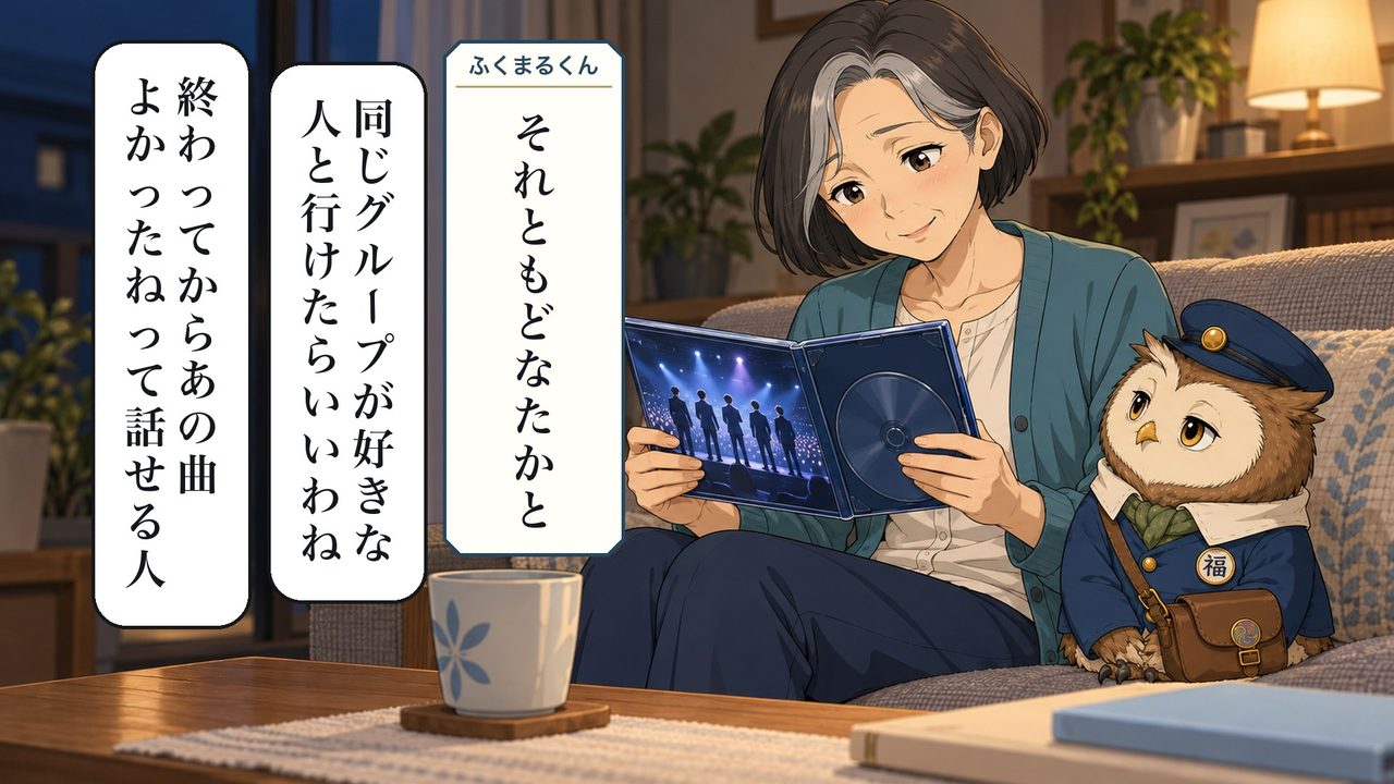 ふくまるくん「それとも、どなたかと」 春子「同じグループが好きな人と行けたらいいわね。終わってから、あの曲よかったねって話せる人」