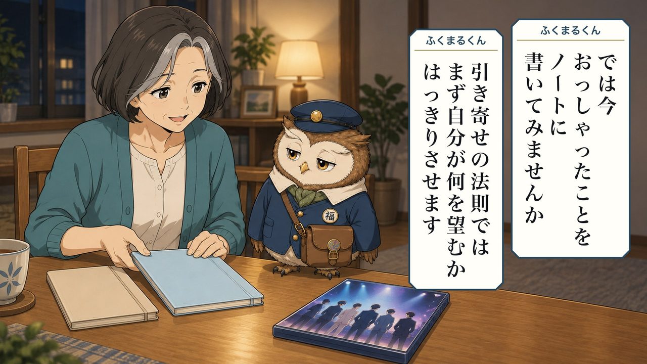 ふくまるくん「では、今おっしゃったことを、ノートに書いてみませんか。引き寄せの法則では、まず自分が何を望むか、はっきりさせます」