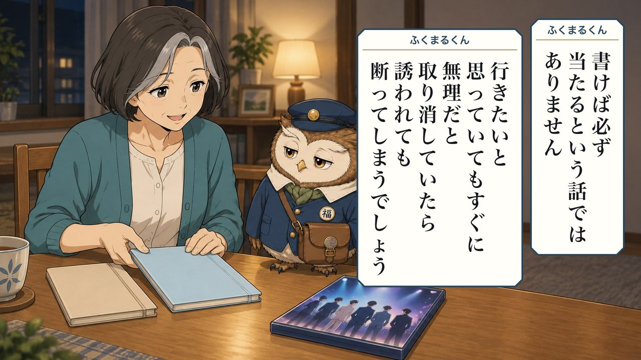 ふくまるくん「書けば必ず当たる、という話ではありません。行きたいと思っていても、すぐに無理だと取り消していたら、誘われても断ってしまうでしょう」