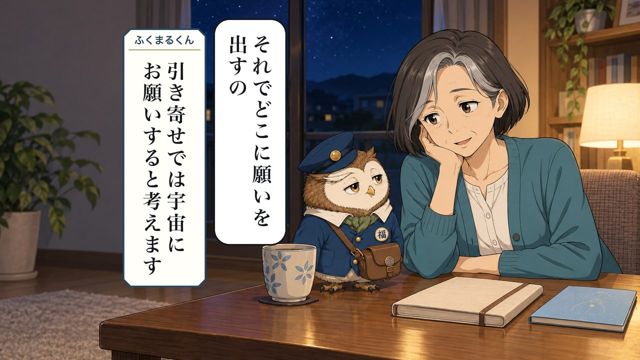 春子「それで、どこに願いを出すの」 ふくまるくん「引き寄せでは、宇宙にお願いすると考えます」