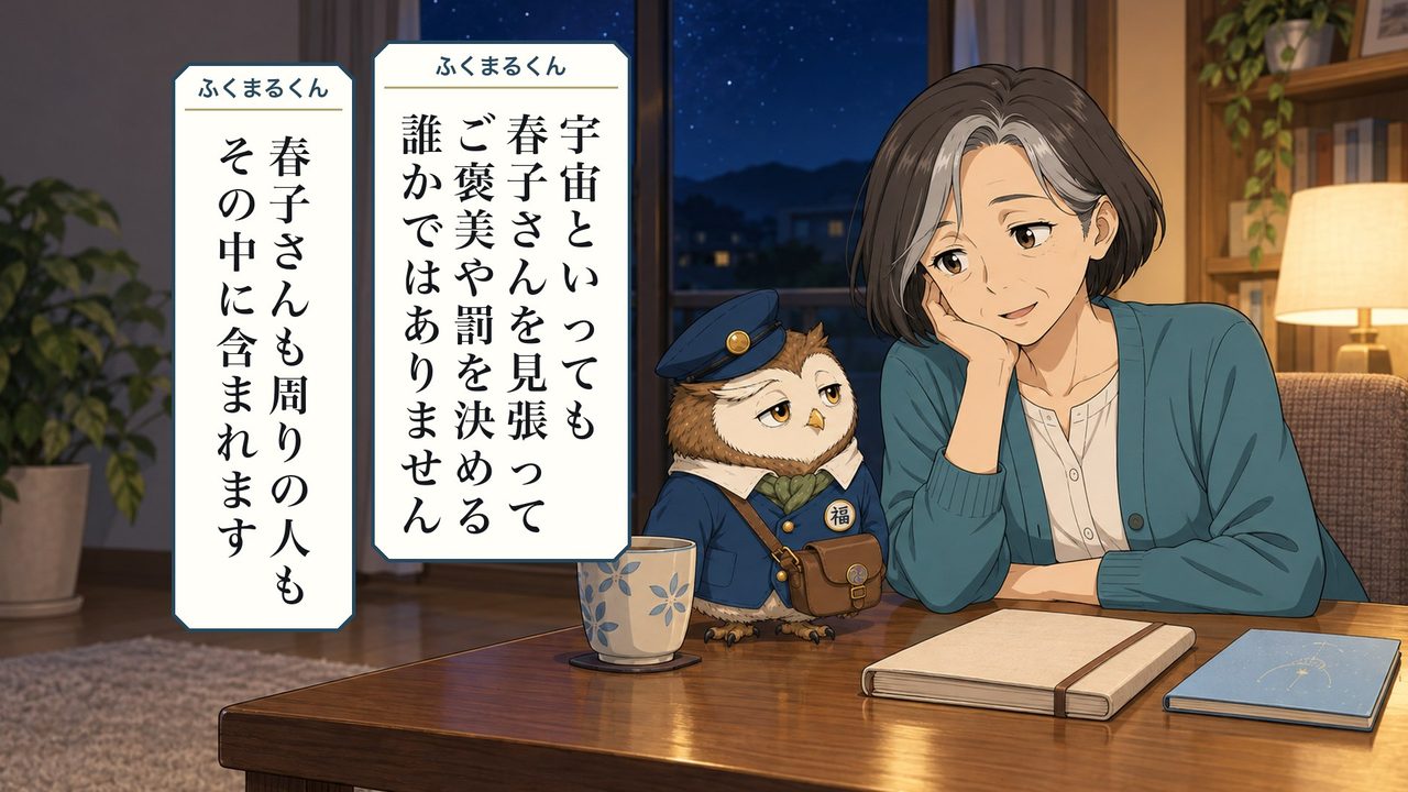 ふくまるくん「宇宙といっても、春子さんを見張って、ご褒美や罰を決める誰かではありません。春子さんも、周りの人も、その中に含まれます」