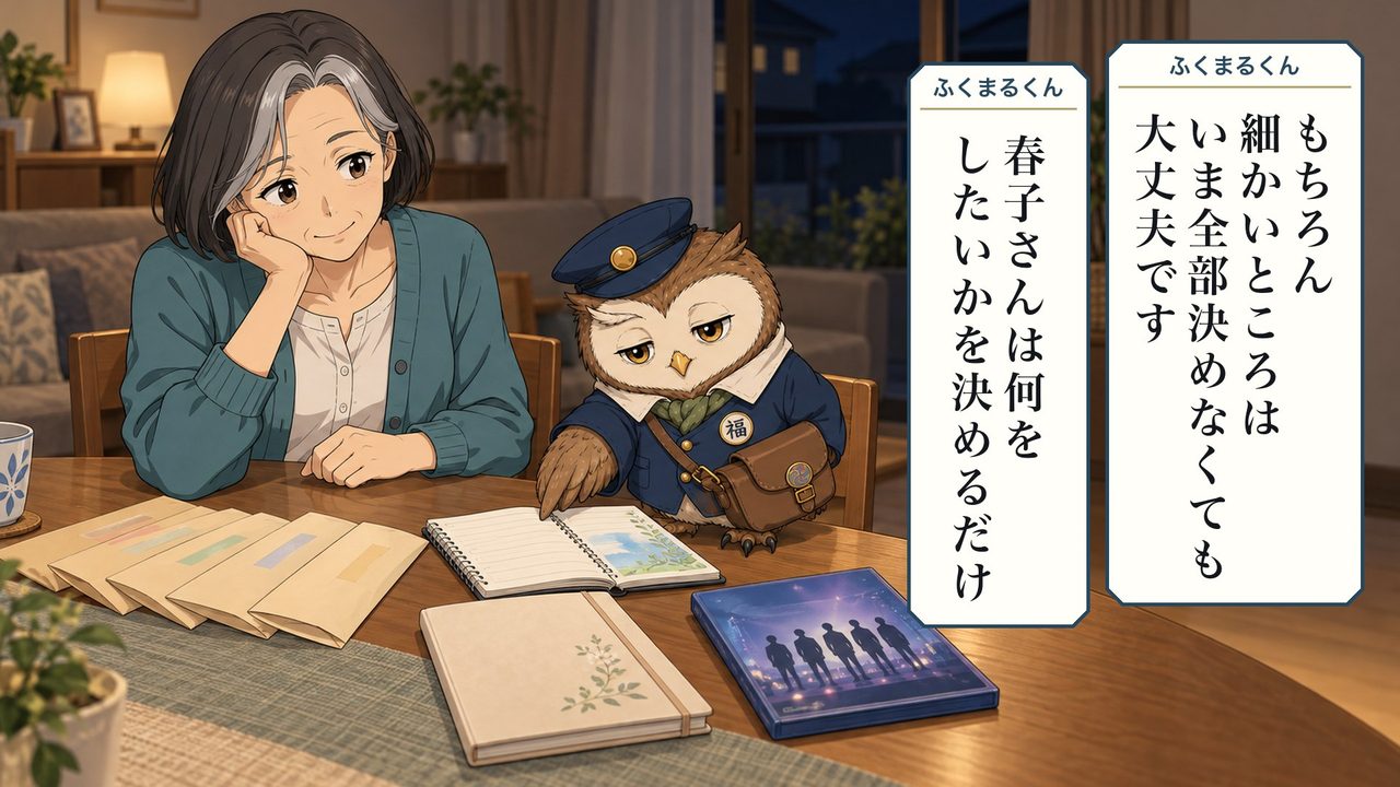ふくまるくん「もちろん細かいところは、いま全部決めなくても大丈夫です。春子さんは、何をしたいかを決めるだけ」