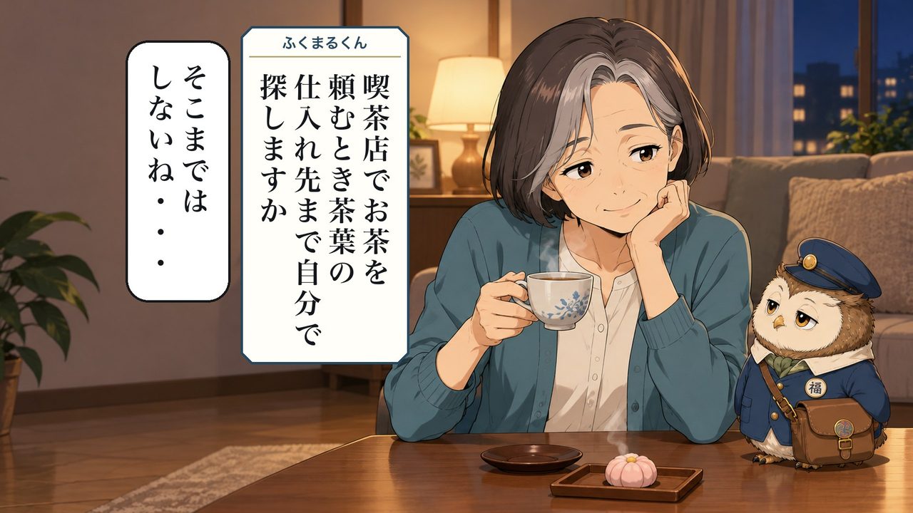 ふくまるくん「喫茶店でお茶を頼むとき、茶葉の仕入れ先まで自分で探しますか」 春子「そこまではしないね・・・」
