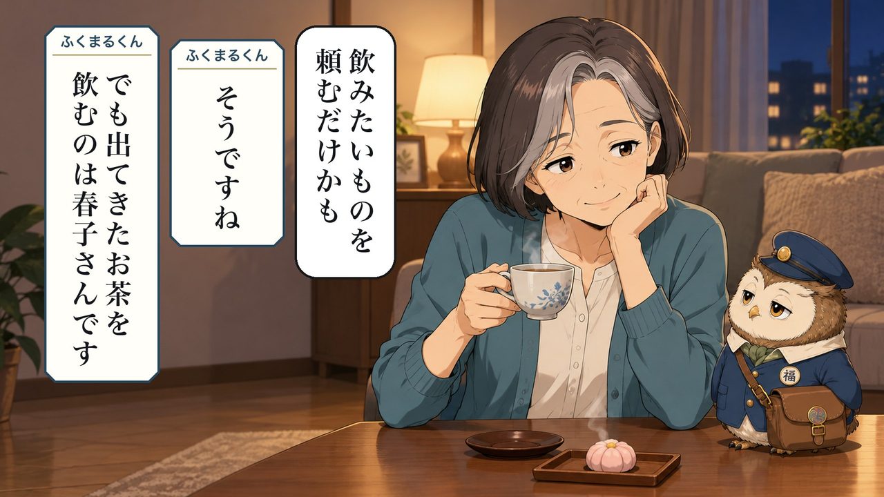 春子「飲みたいものを頼むだけかも」 ふくまるくん「そうですね。でも、出てきたお茶を飲むのは春子さんです」