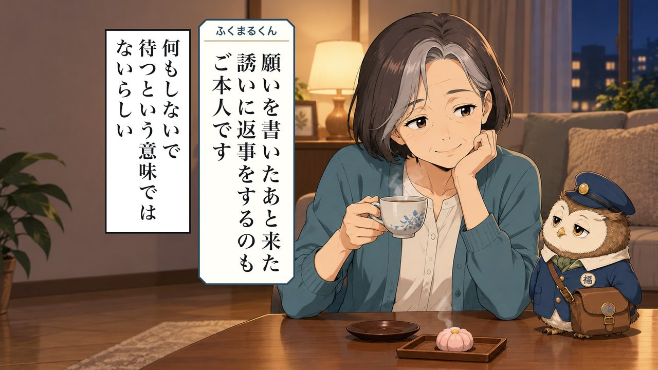 ふくまるくん「願いを書いたあと、来た誘いに返事をするのも、ご本人です」 何もしないで待つ、という意味ではないらしい。