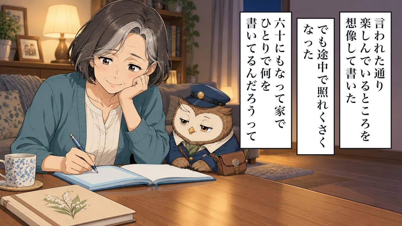 言われた通り、楽しんでいるところを想像して書いた。でも、途中で照れくさくなった。六十にもなって、家でひとりで、何を書いてるんだろうって。